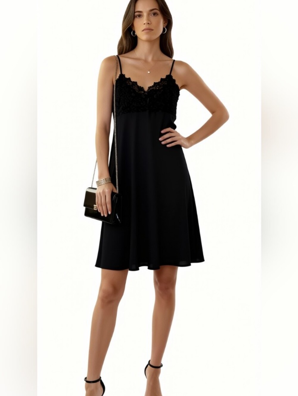 Rampage Black Lace-Trim Cami Slip Dress with Spaghetti Straps Size: J:3 -W:2